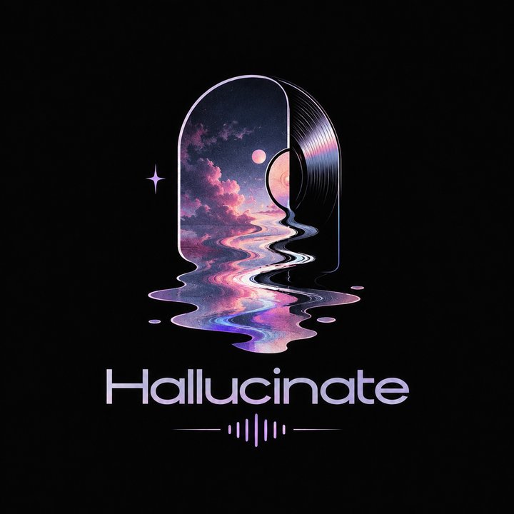 Hallucinate logo: a vinyl record melting into a dreamy purple sky