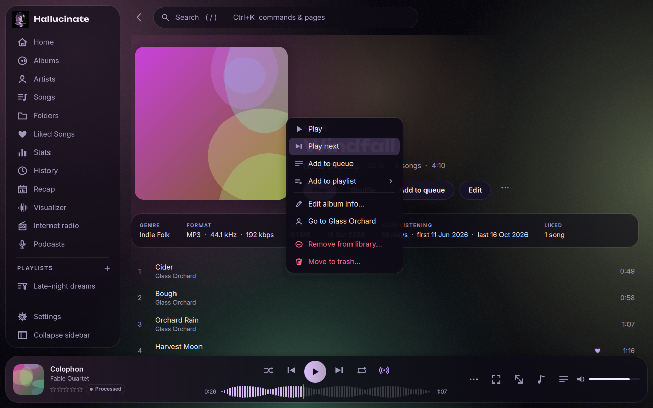 An album's right-click menu with play, queue, playlist, edit, remove and trash