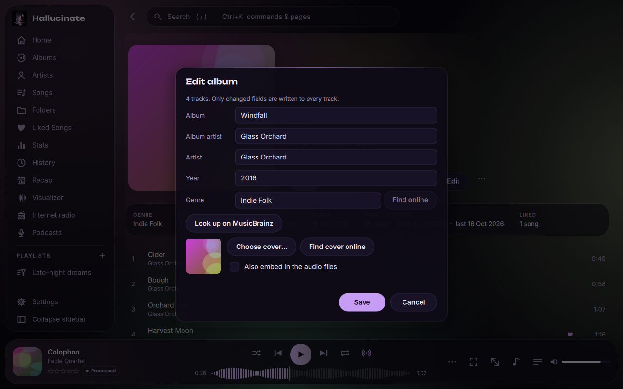 The Edit album dialog with tags and cover