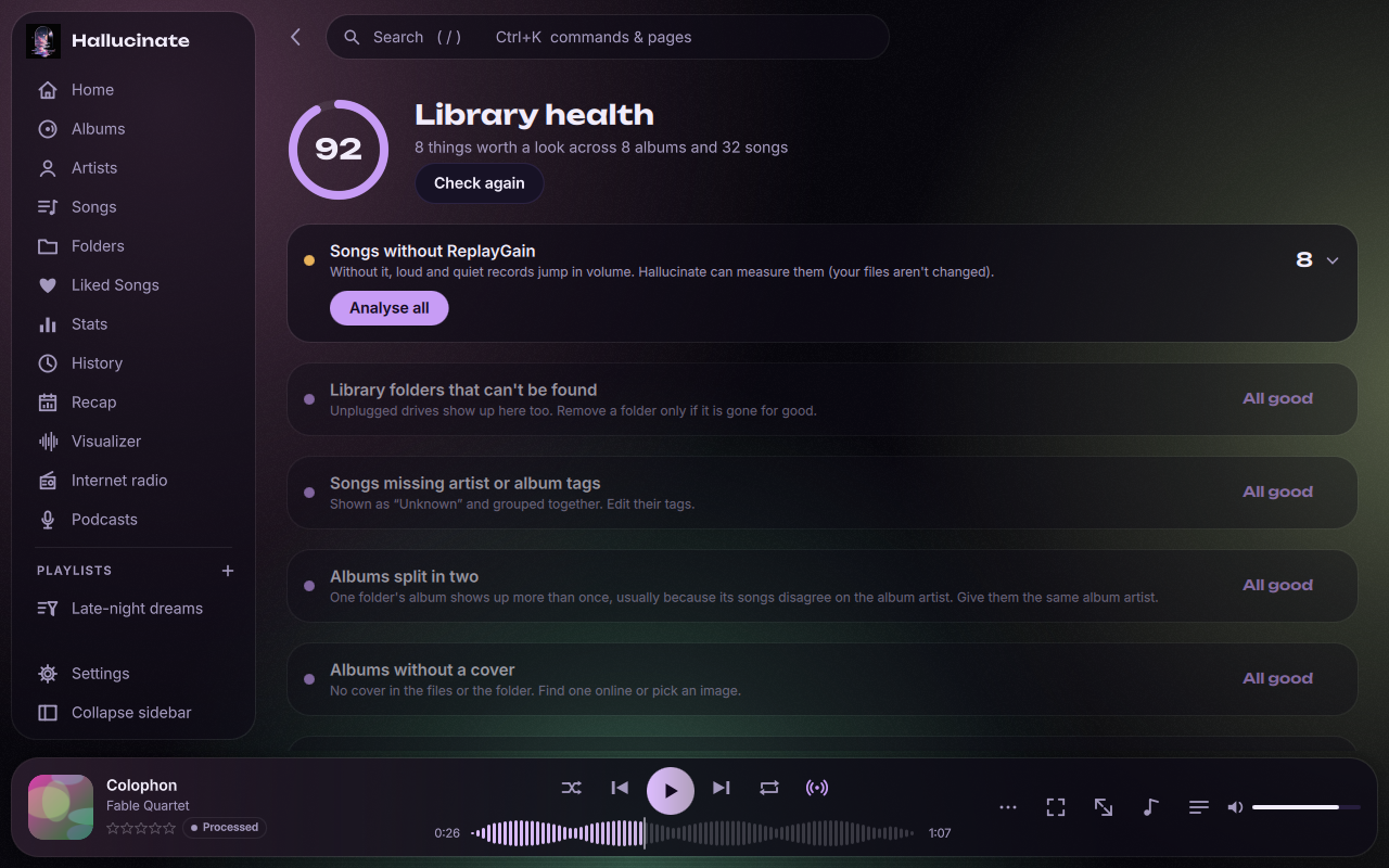 The library health page with a score and checks