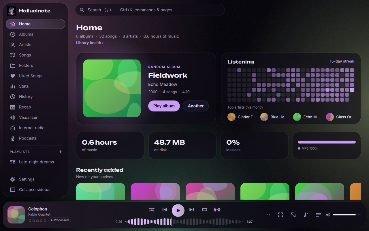 Home: a random album, a listening heatmap and library facts