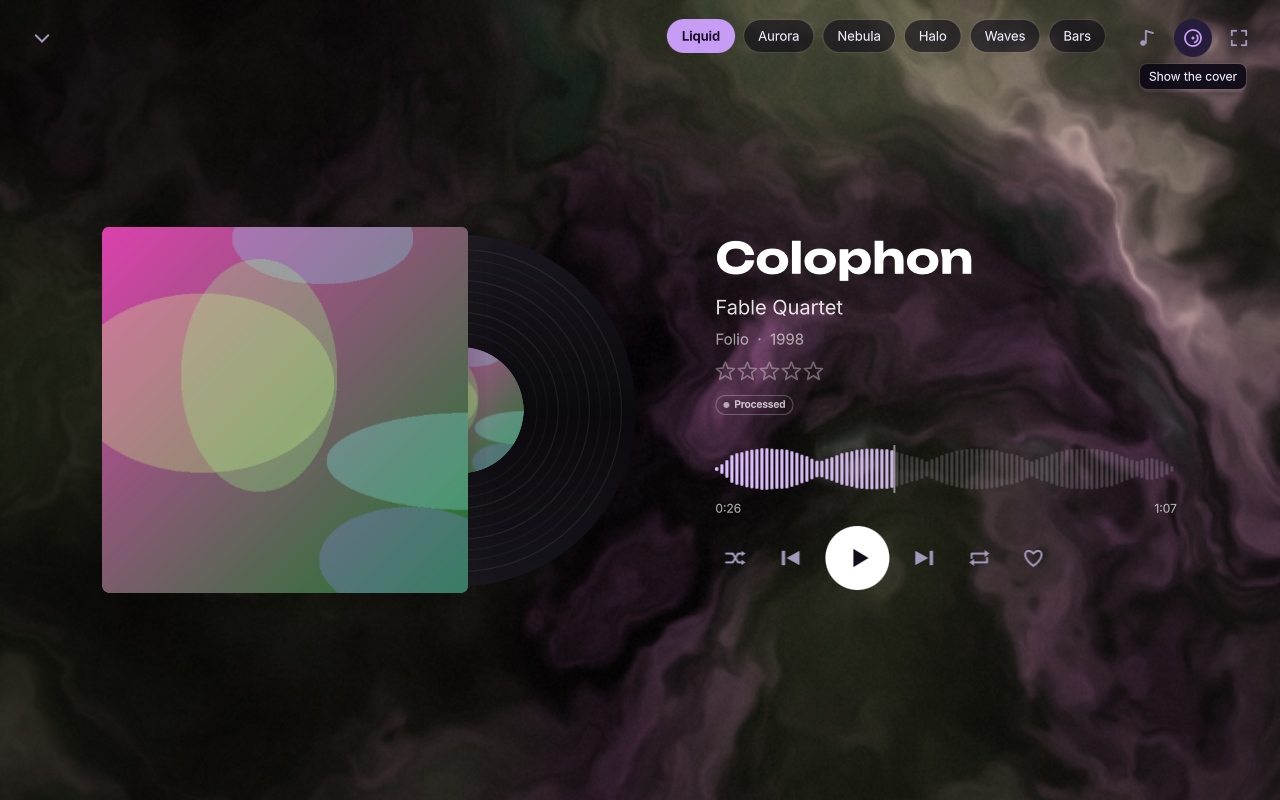 Now Playing in vinyl mode over the Liquid visualizer