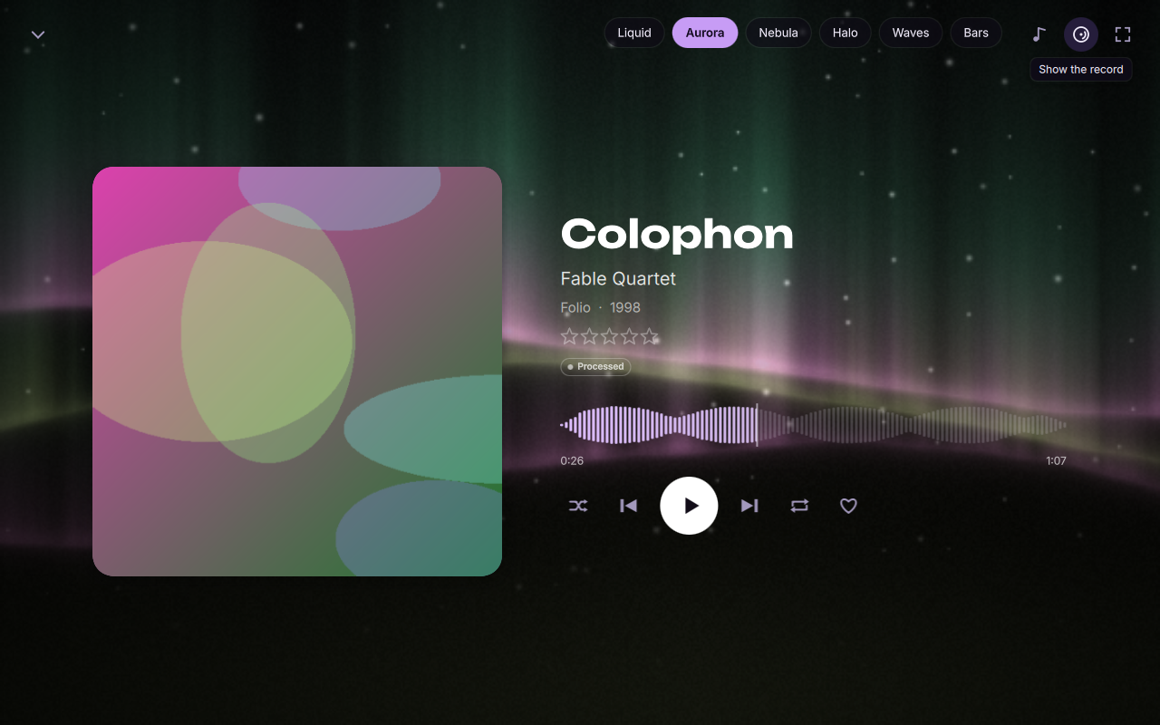 Now Playing: a large album cover over an aurora visualizer tinted by the cover's colours