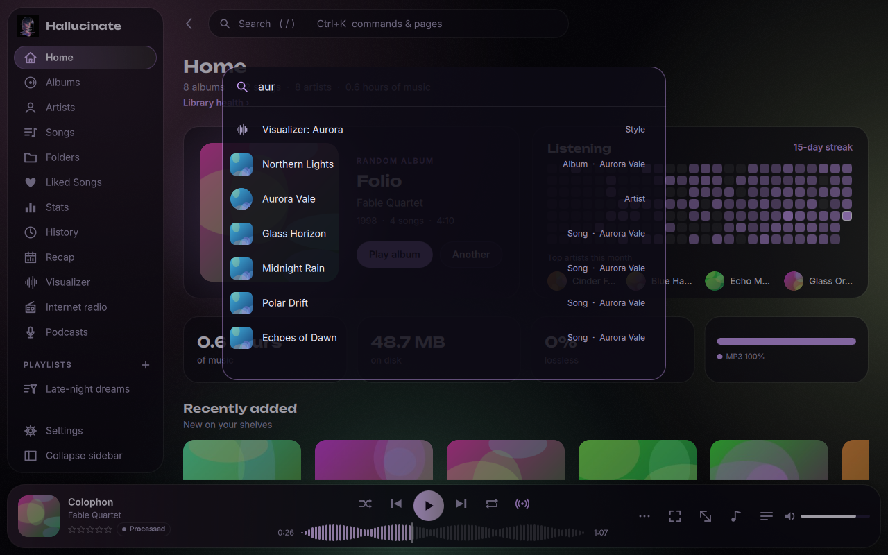 The command palette matching pages, commands and music