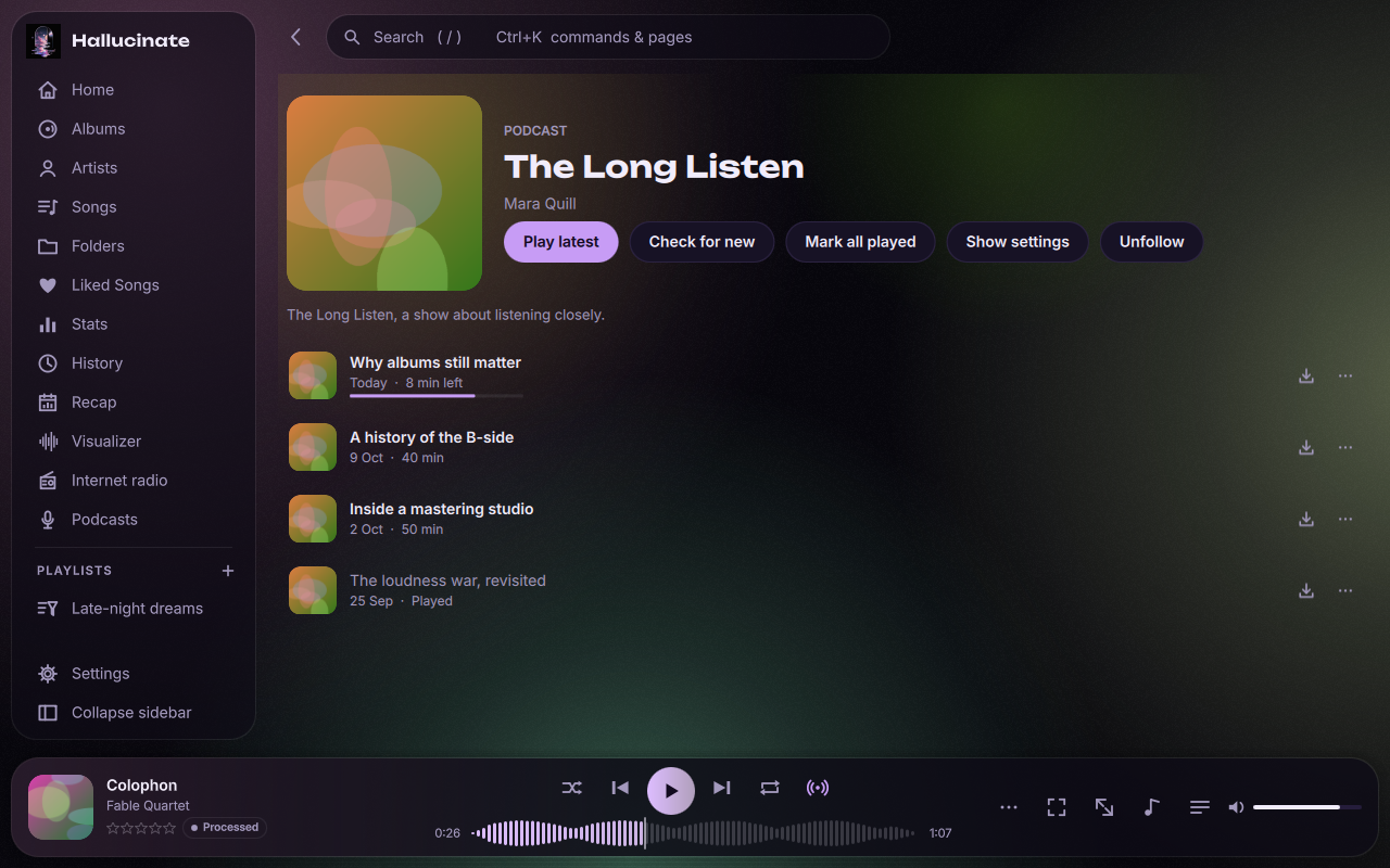 A podcast's page with its episodes and show settings