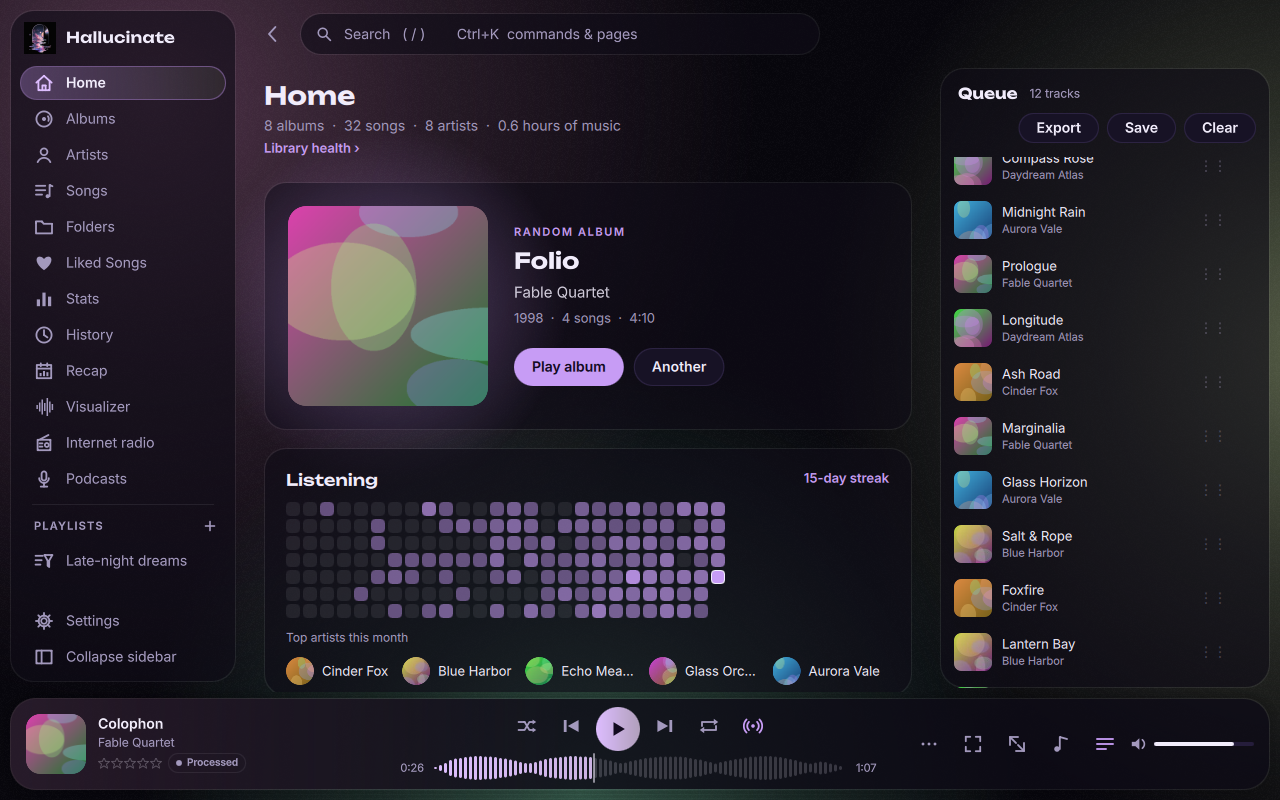 The queue panel filled with similar songs by radio mode