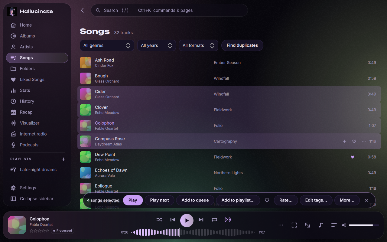Several songs selected with the selection bar's actions