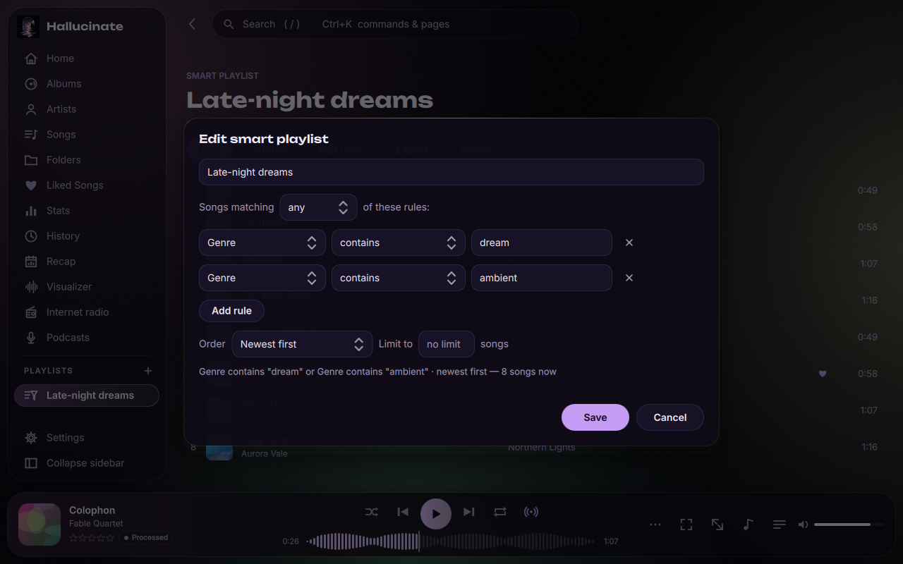 The smart playlist rule editor with a live preview