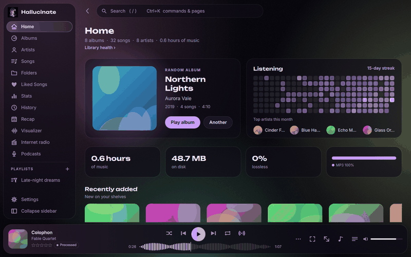 The home screen cycling through the Hallucinate, Dark, Light, Catppuccin Mocha and Nord themes