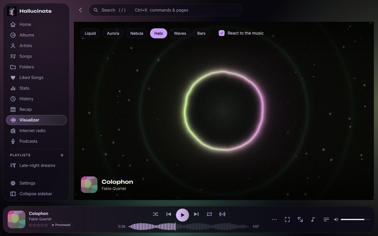 The Halo visualizer: a glowing ring that swells with the music